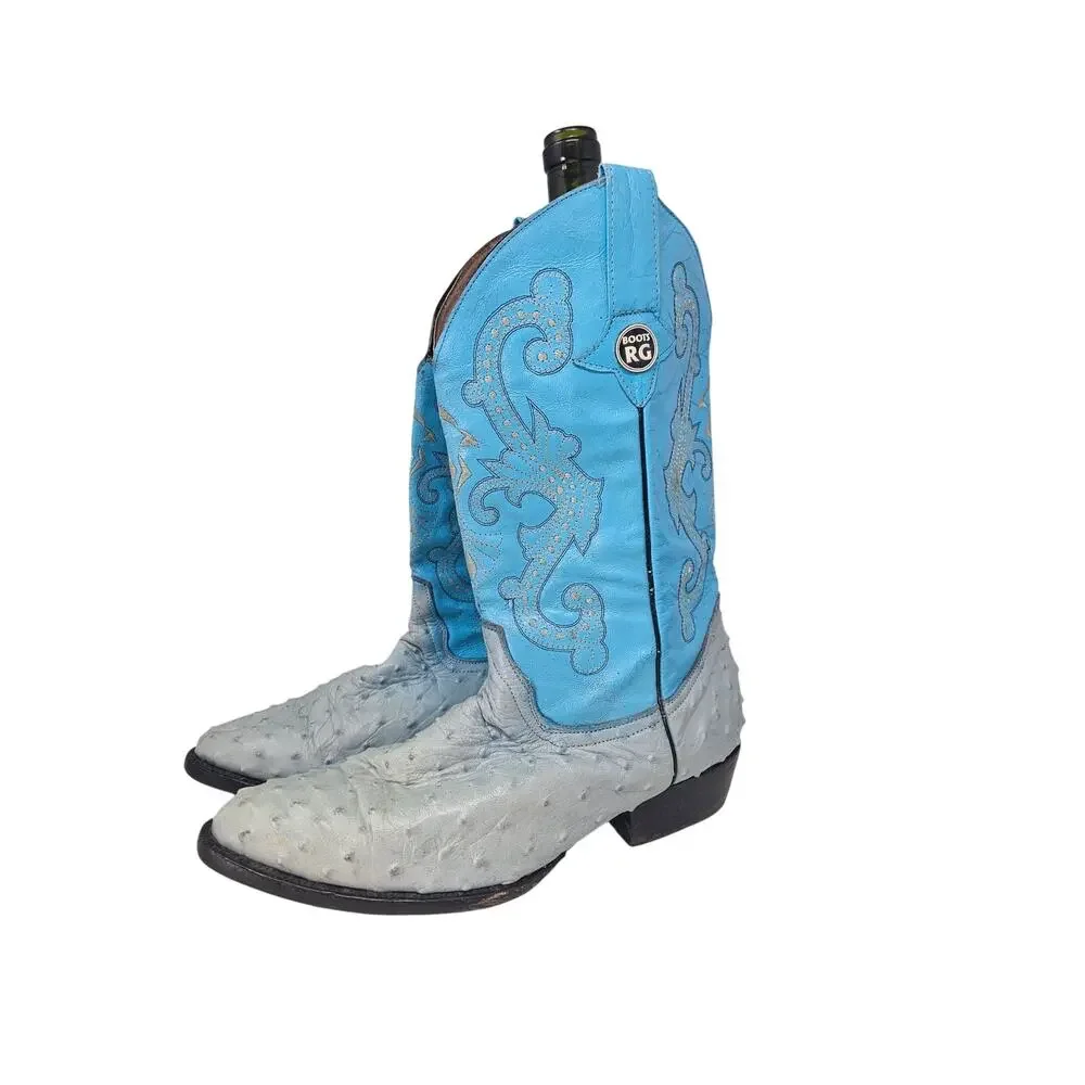 RG Boots 9.5 Light Blue Leather Ostrich Western Cowboy Boot Rodeo Ranch